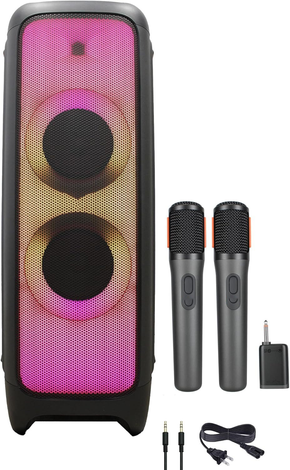 Bluetooth Party Speaker with Wireless Dual Microphone System, AUX Cable & Microfiber Cleaning Cloth, Portable Karaoke Speaker for Parties and Events