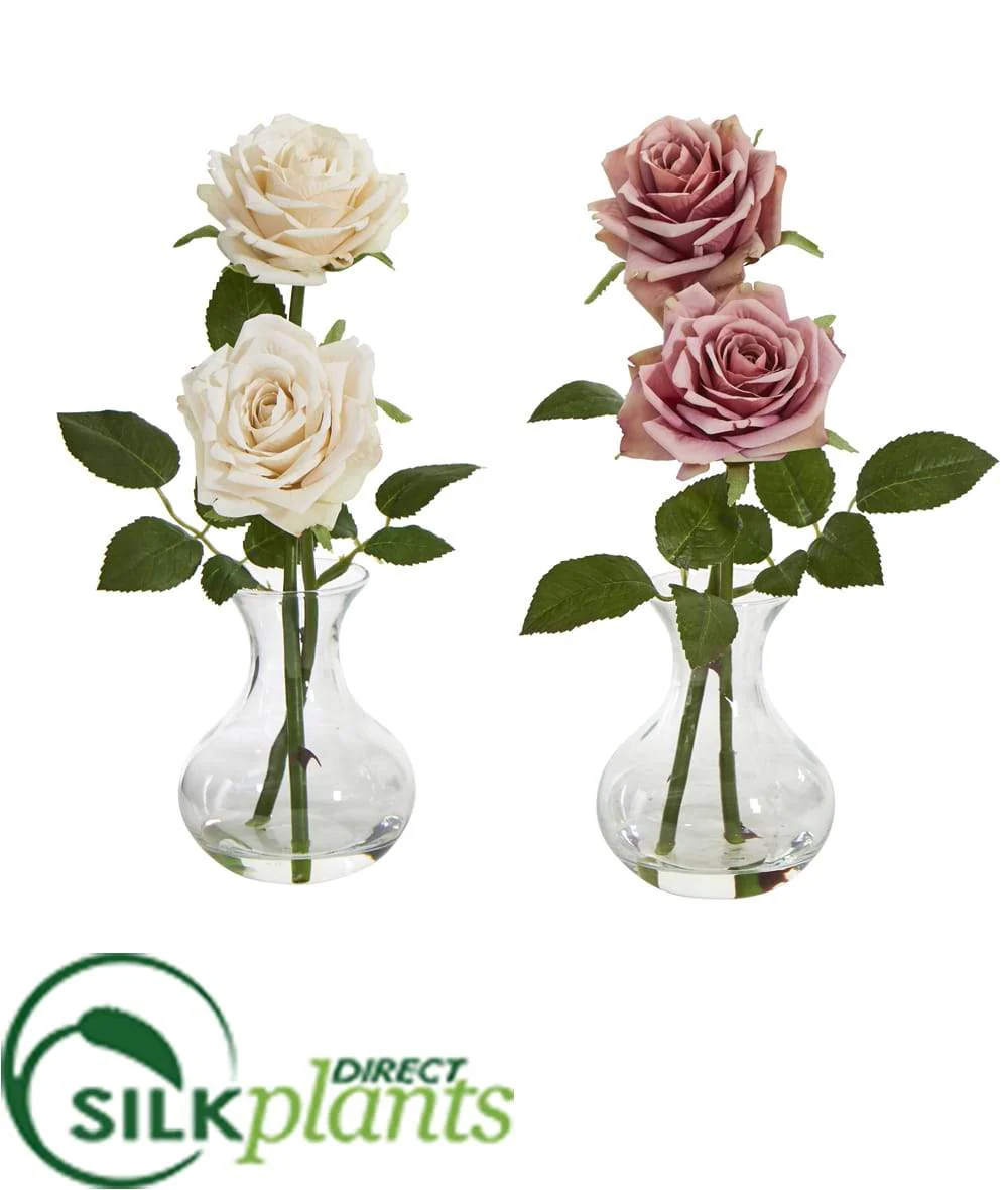Silk Plants Direct Rose Artificial Arrangement in Glass Vase - Cream Pink - Pack of 2
