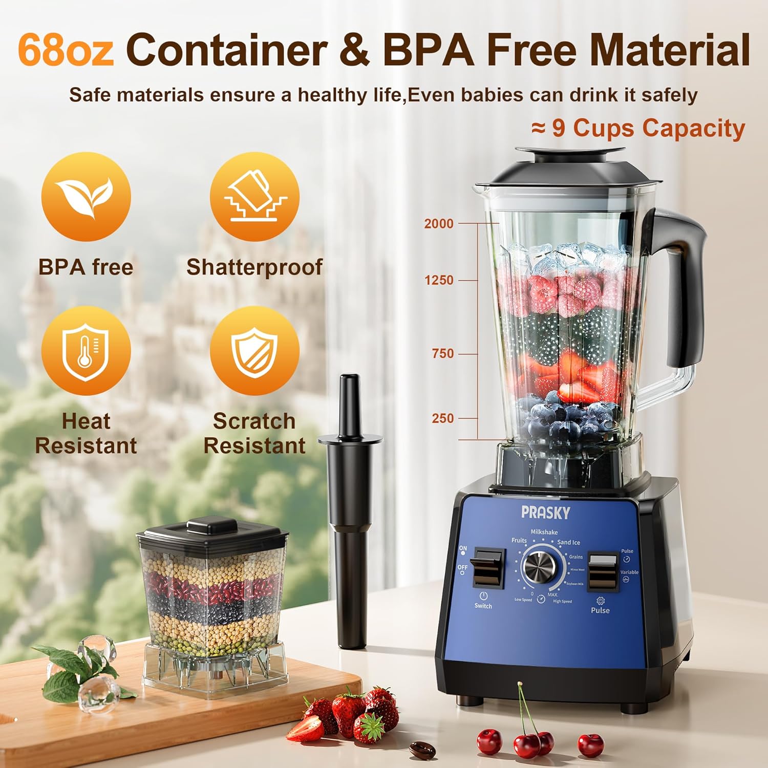 Professional Blender,Smoothies Blenders, Max.2400Watts/1000Watts Blender and Grinder Combo 25000RPM Powerful Kitchen 68oz BPA Free 2 Containers Countertop Blenders Ice Crushing, Juice
