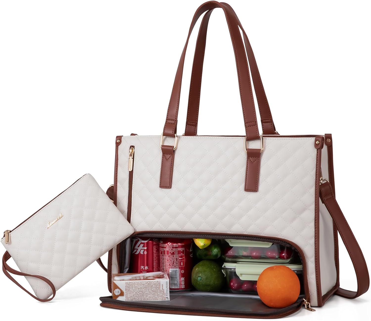 LOVEVOOK Lunch Tote Bag for Women, 15.6 Inch Laptop Bag with Insulated Lunch Compartment, Quilted Large Capacity Computer Handbag with Purse for Business, Work, Nurse, Office, Collage, Casual, Black