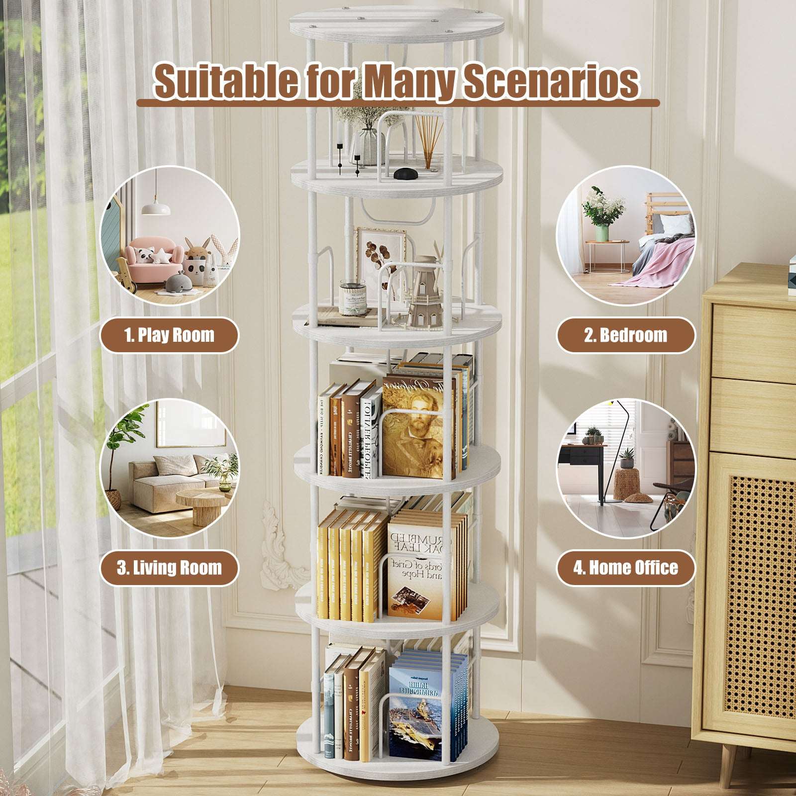 3-5 Tier Rotating Bookshelf With 360° Spinning Display
