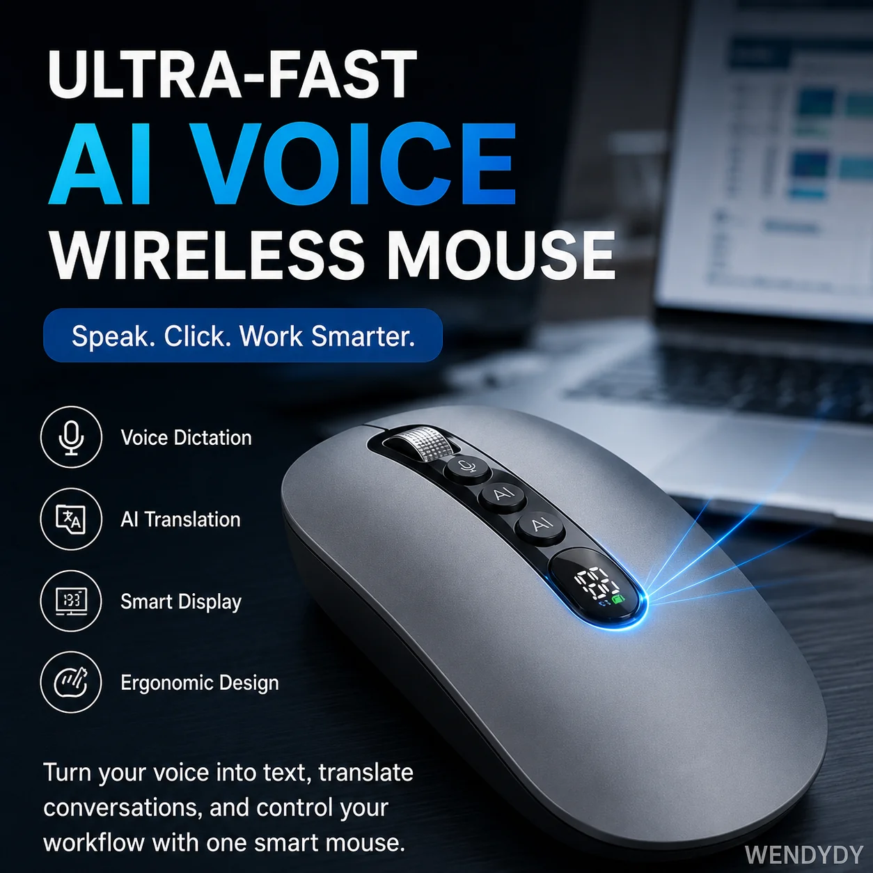 🖱️  AI Smart Voice Wireless Mouse – 1600 Words/Min, Translation Hub, Ergonomic ✨