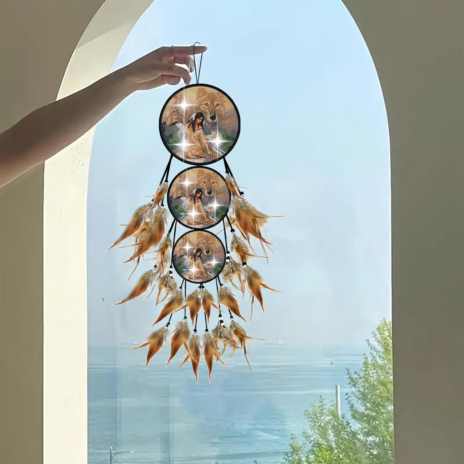DIY Diamond Painting Wind Chime - Brown Wolf Feather