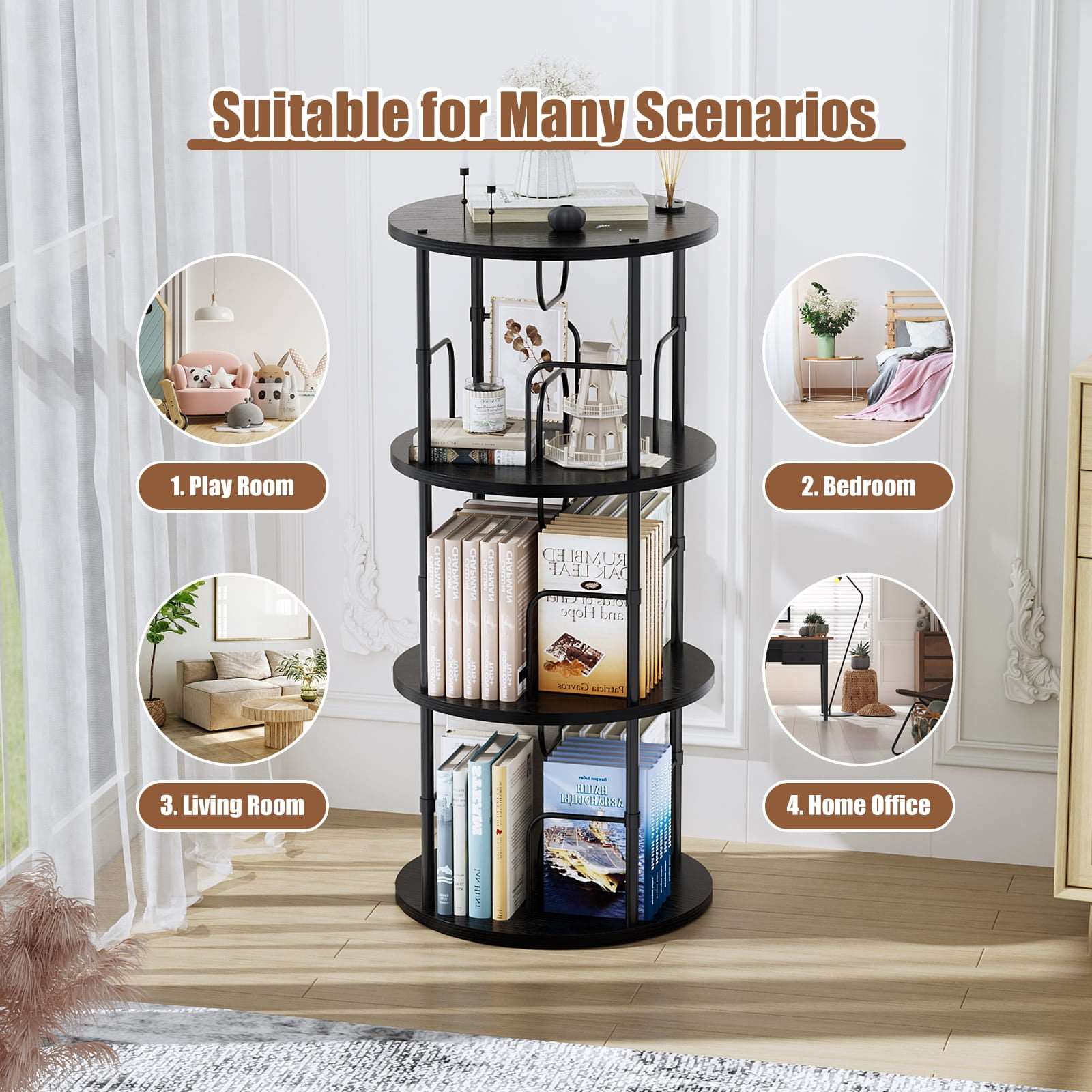3-5 Tier Rotating Bookshelf With 360° Spinning Display