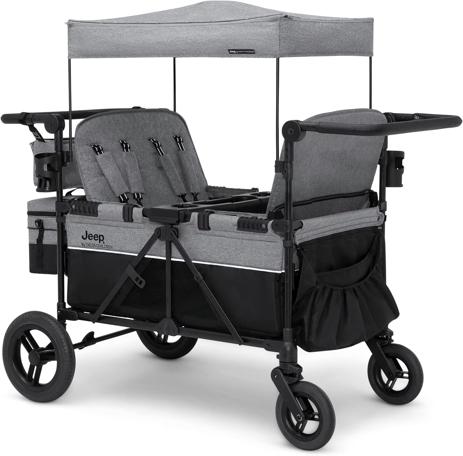 4 Seater Stroller Wagon- Premium Quad Stroller Wagon for 4 Kids with Convertible Seats, Adjustable Push/Pull Handles, Removable Canopy & Flat Fold, Grey