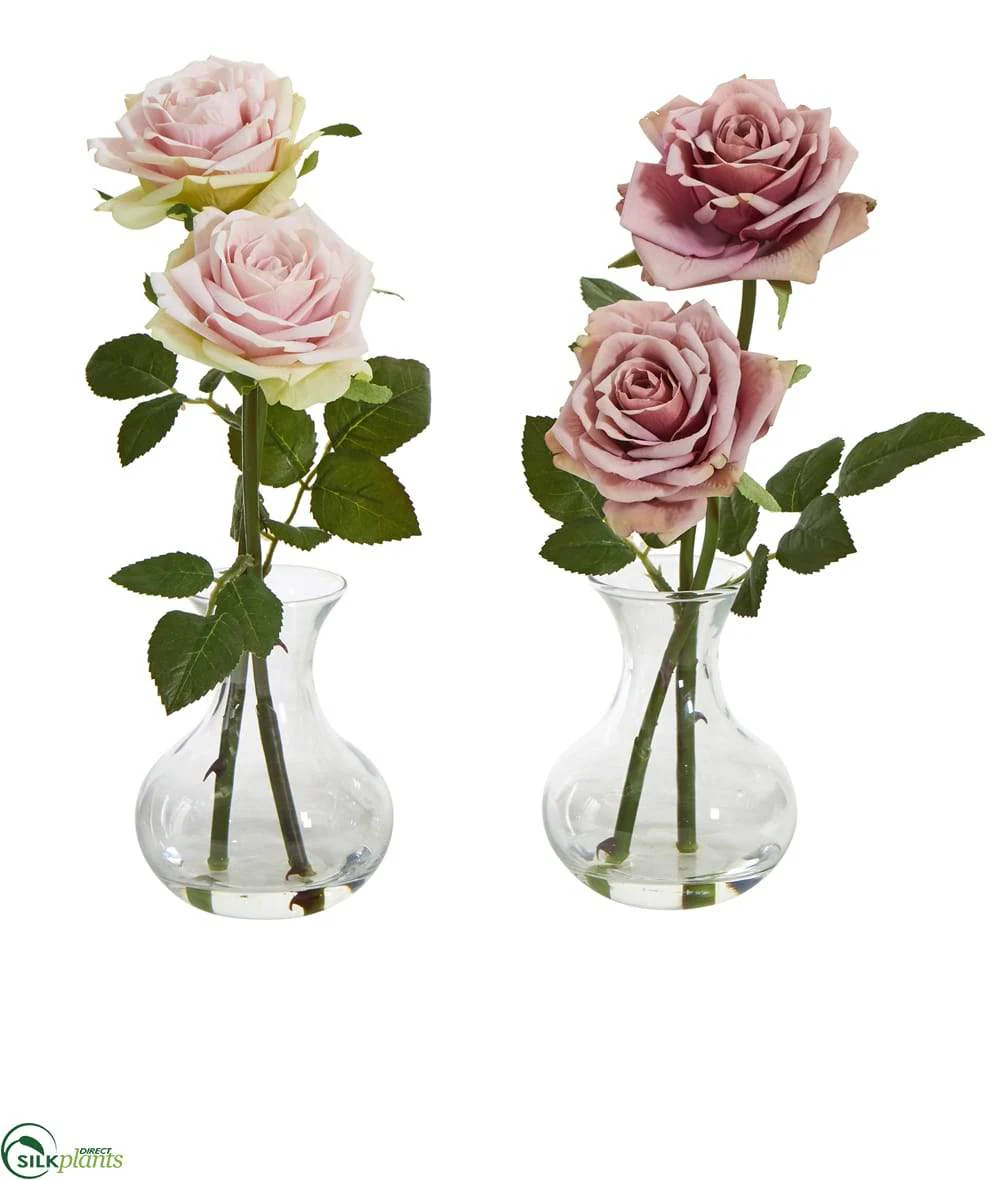 Silk Plants Direct Rose Artificial Arrangement in Glass Vase - Cream Pink - Pack of 2