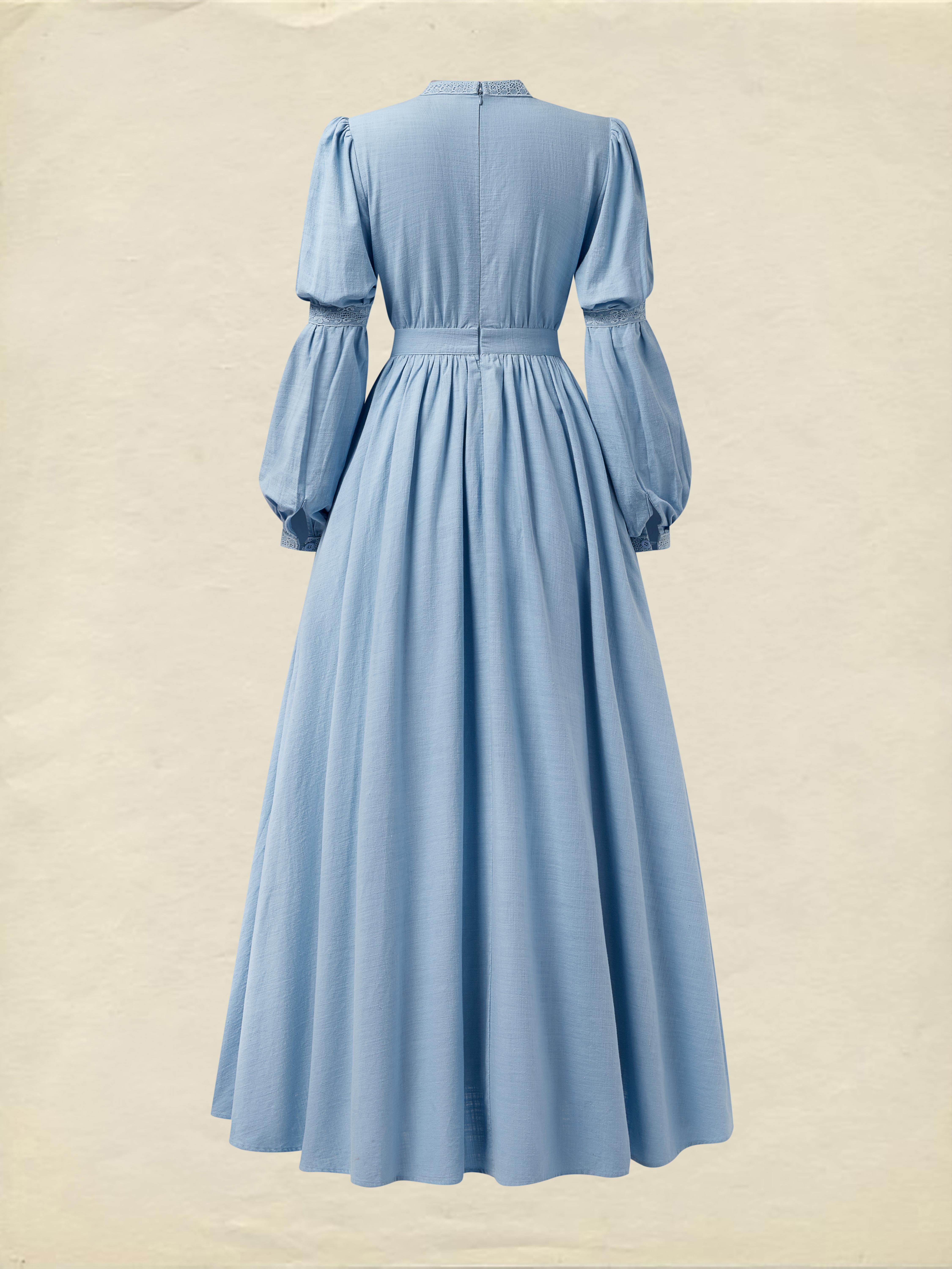 Maxi Linen Dress, Long Sleeves, Stand Collar, Lace Design, Linen Blend, Blue