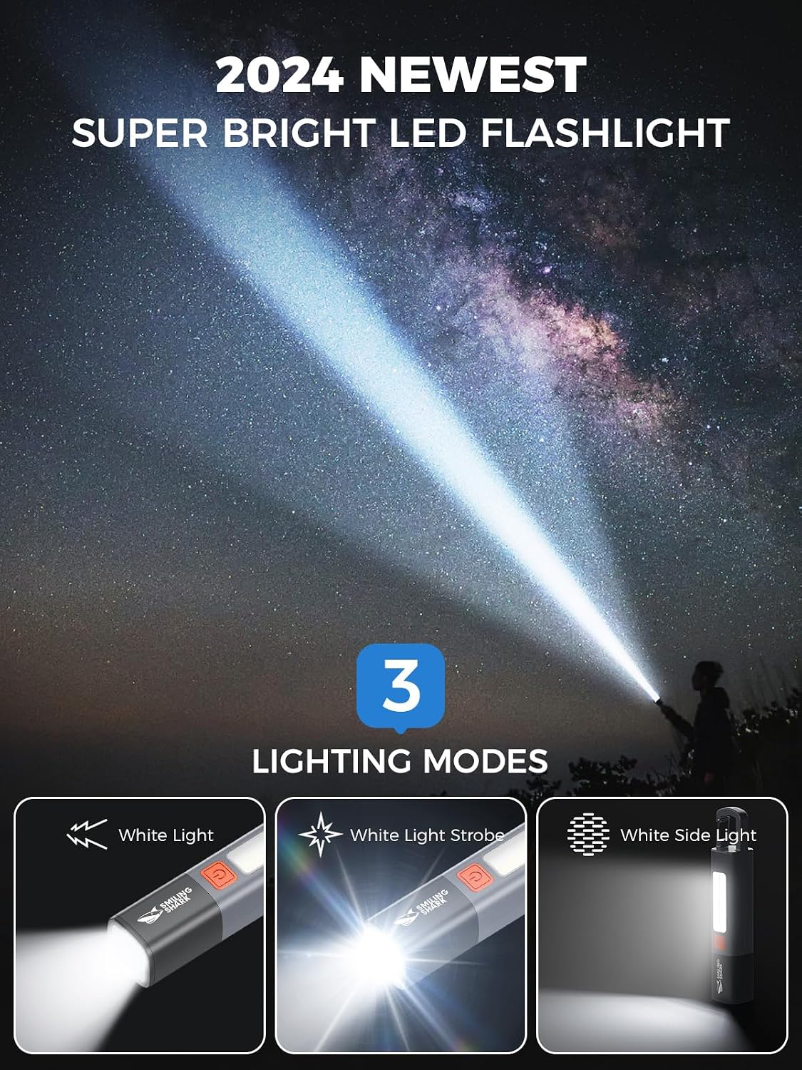 Smiling Shark LED Flashlights, G1 Small Flashlight Rechargeable with Zoomable and Side Light & 3 Modes & 2-in-1 Waterproof Powerful Mini Flash Light with Hook for Camping/Home/Emergency, Grey