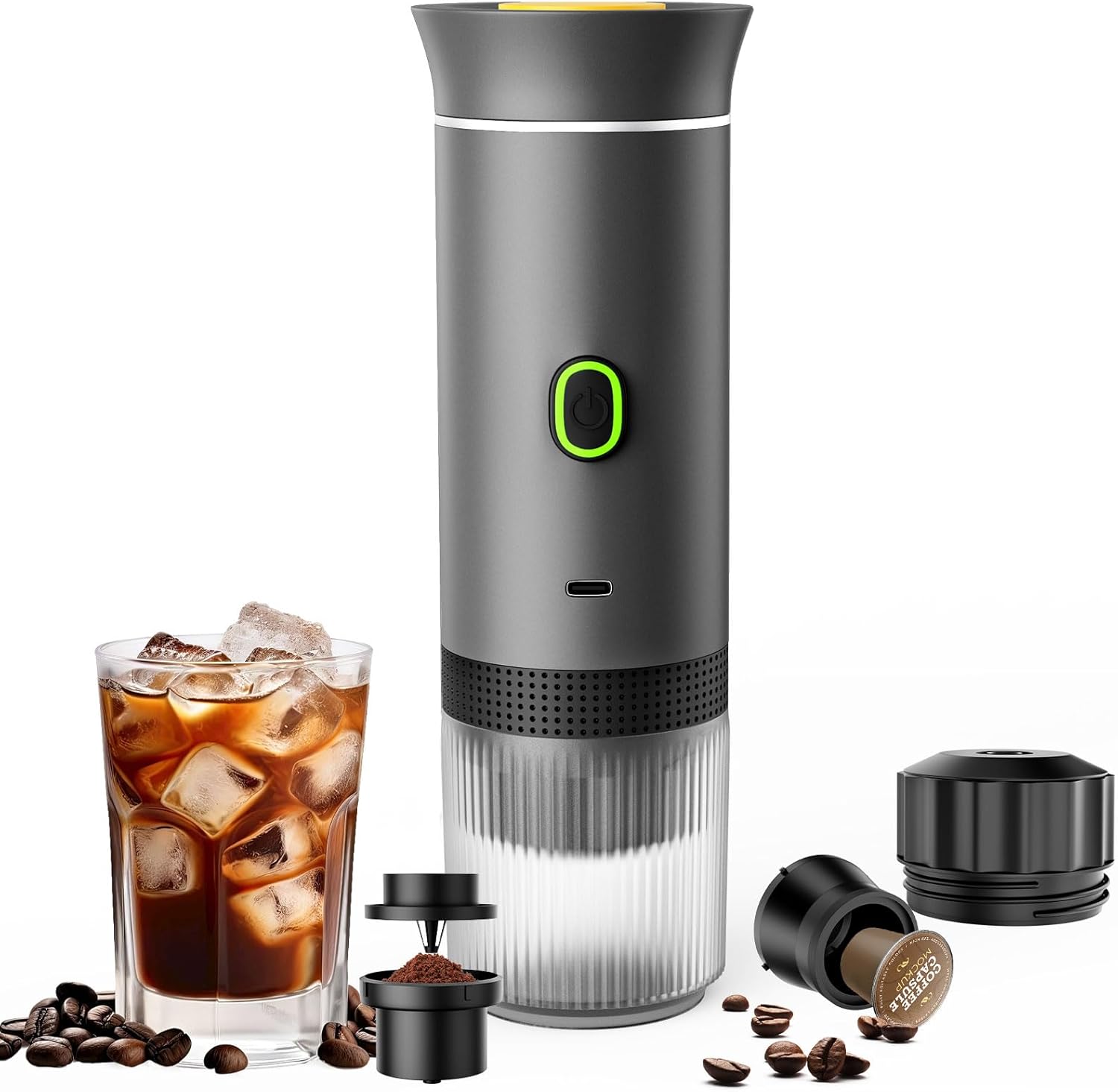 Portable Coffee Maker, Espresso Machine for camping, Travel Coffee Maker with USB-C, 3-in-1 Small Espresso Machine with Ground Coffee & Capsules (NS＆DG) for RV, Hiking, Office(Grey)