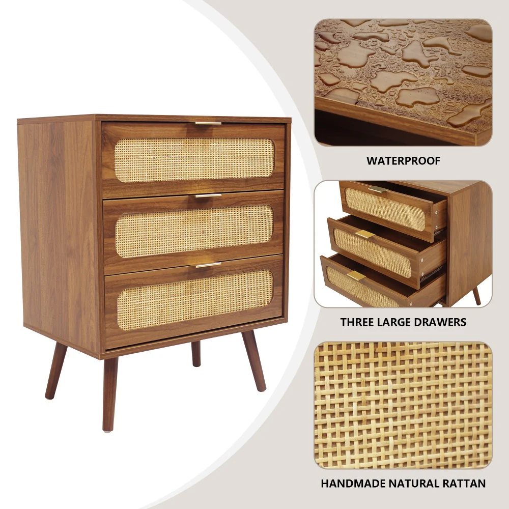 Rattan Nightstand Dresser Table with 3 Drawers