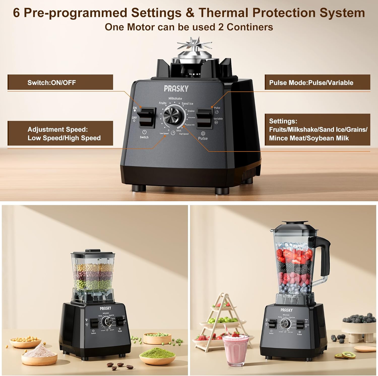 Professional Blender,Smoothies Blenders, Max.2400Watts/1000Watts Blender and Grinder Combo 25000RPM Powerful Kitchen 68oz BPA Free 2 Containers Countertop Blenders Ice Crushing, Juice