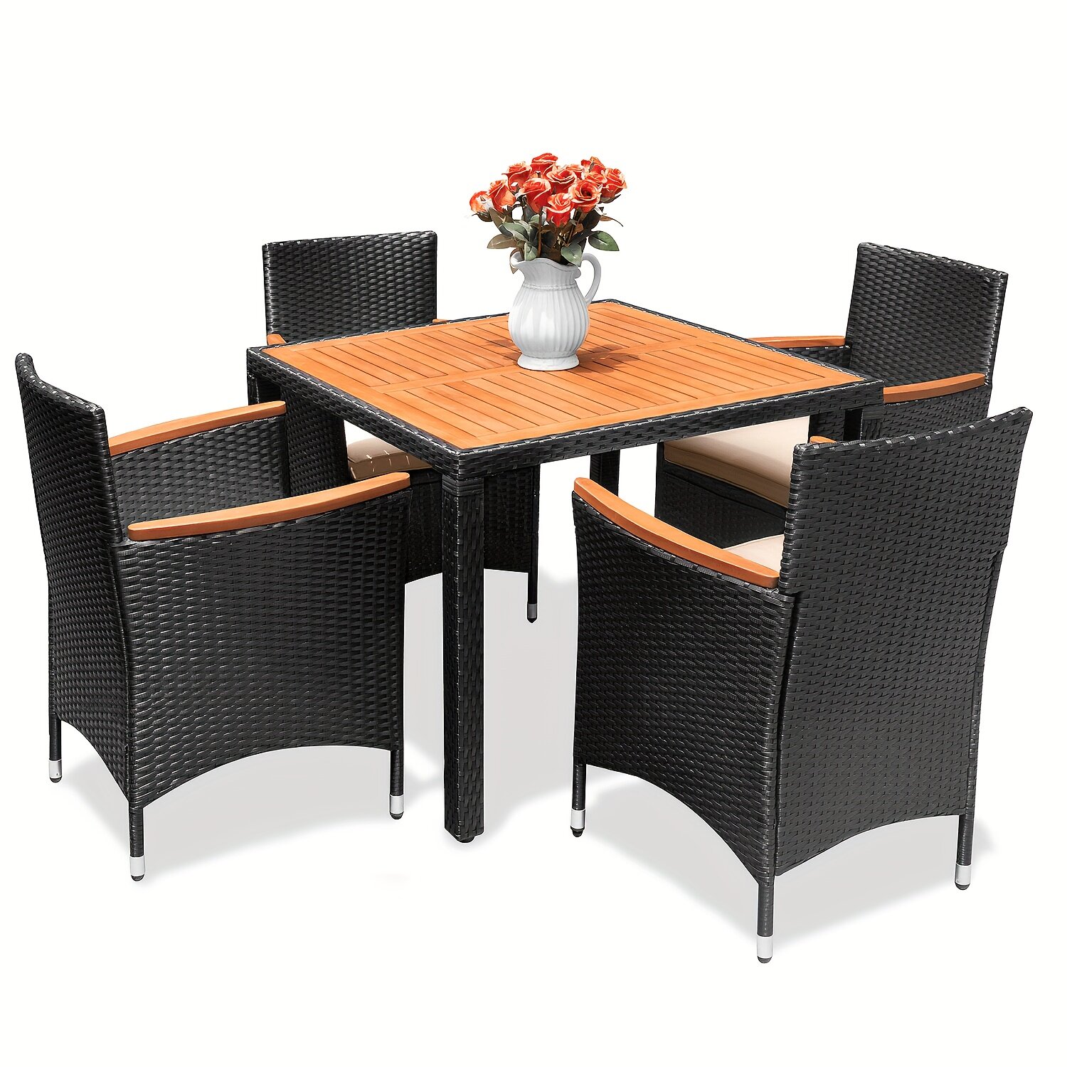 PE rattan + acacia wood table and chair set