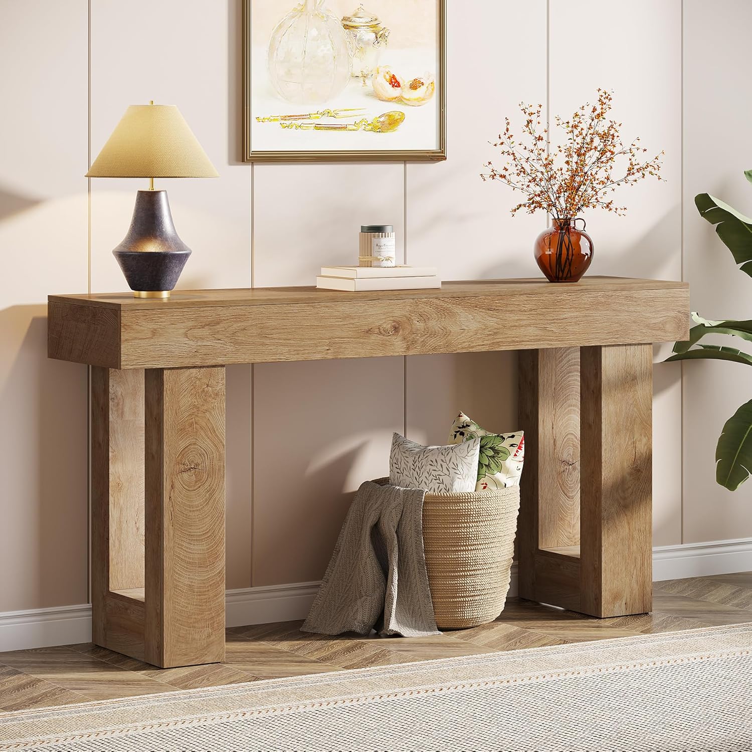 63-Inch Long Console Table, Wooden Rectangular Sofa Table Behind The Couch, Farmhouse Entryway Table for Entrance, Hallway, Living Room (Mix Brown)