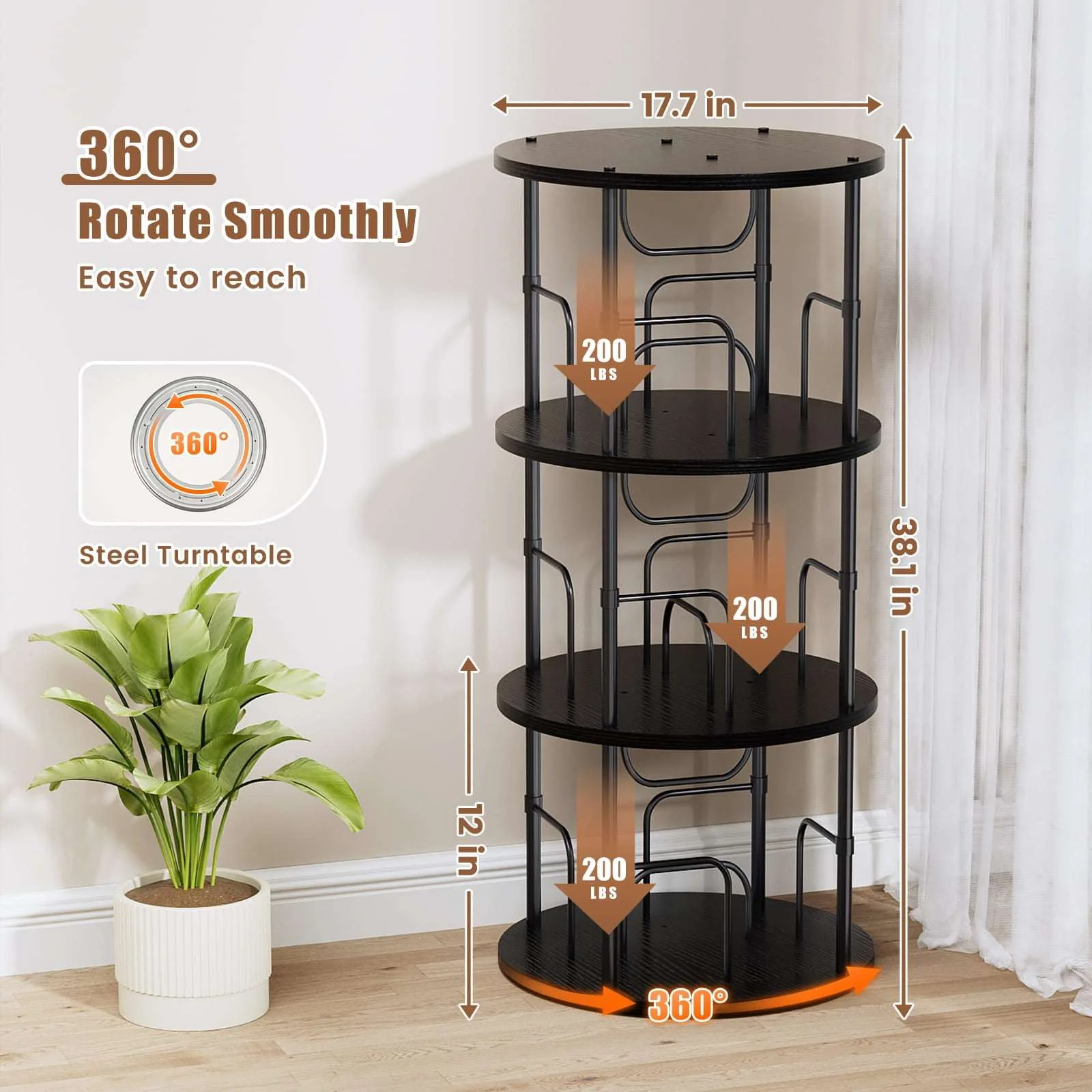 3-5 Tier Rotating Bookshelf With 360° Spinning Display