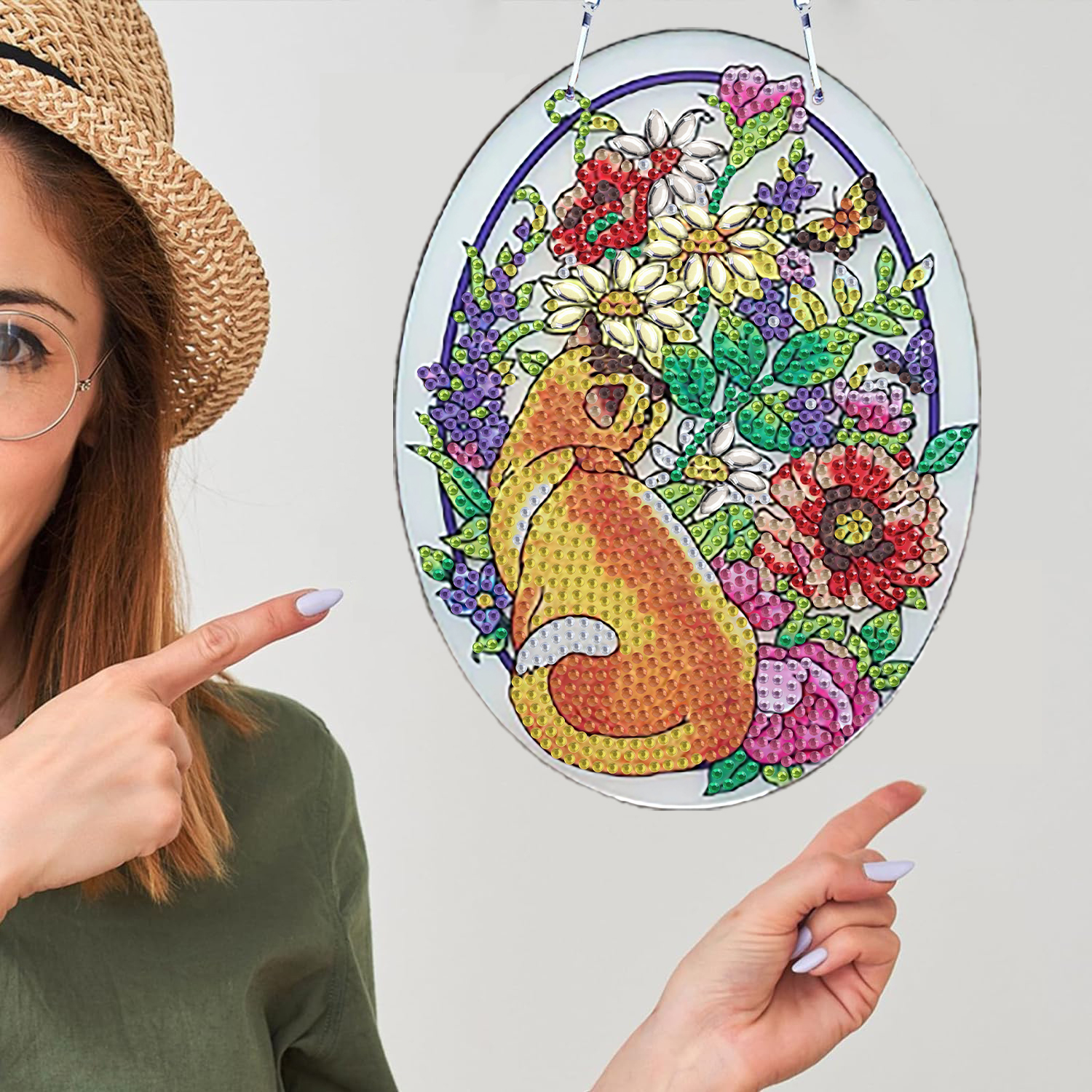 DIY Diamond Painting Wall Hanging - Cat and Flowers