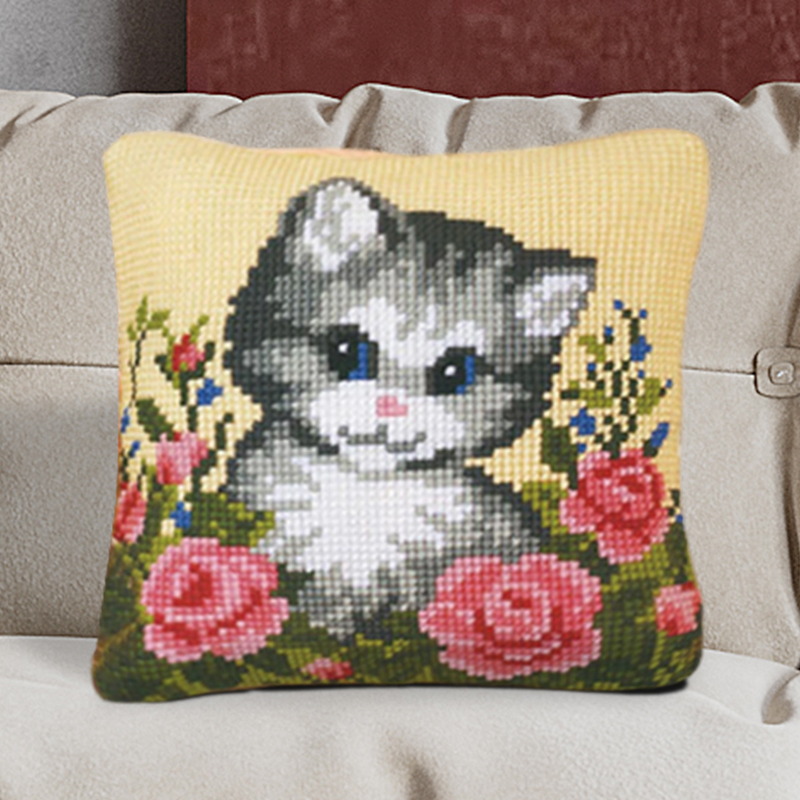 Grey Cat Pillowcase Latch Hook Kits for Beginners