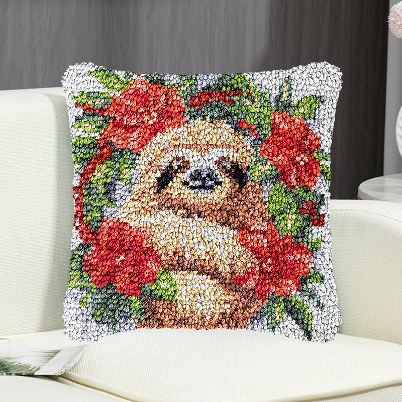 Sloth With Flower Pillowcase Latch Hook Kit for Beginner