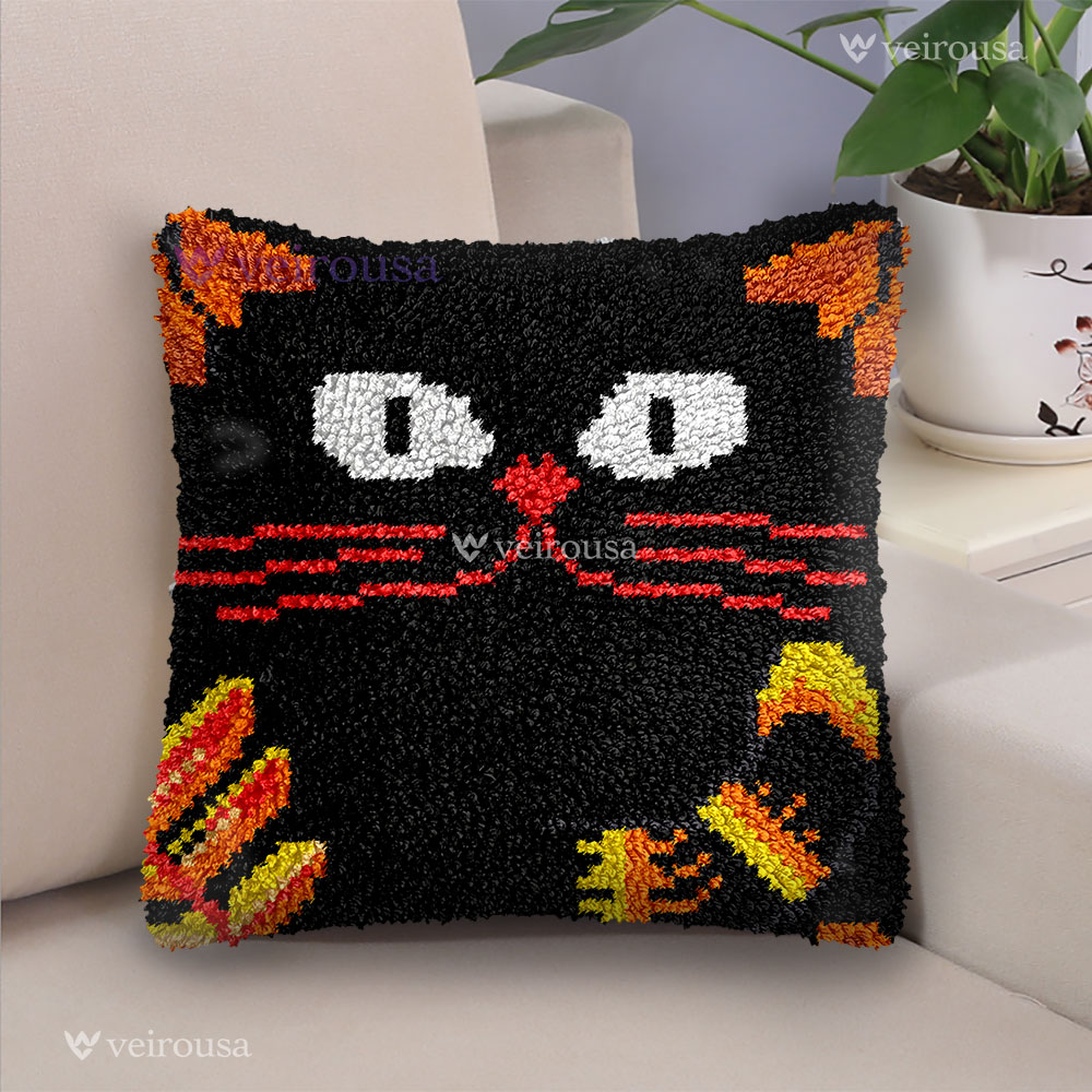 Halloween Black Cat Pillowcase Latch Hook Kits for Adult, Beginner and Kid