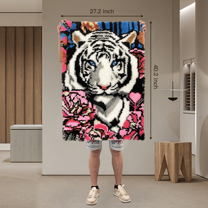 [Large Size] White Tiger with Flowers - Latch Hook Rug Kit