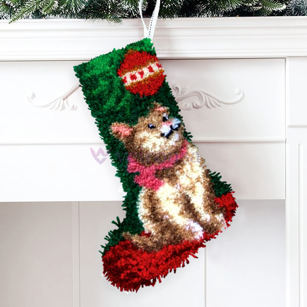 Cat Christmas Stocking DIY Latch Hook Kits for Beginners