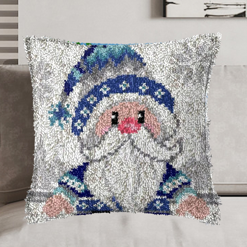 Blue Cartoon Gnome Xmas Latch Hook Pillow Kit for Adult, Beginner and Kid