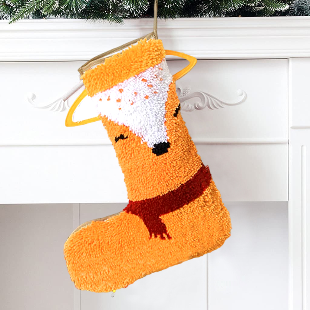 Name DIY | Fox in Scarf Christmas Stocking Latch Hook Kits Shaggy Decoration Christmas Ornament Bag