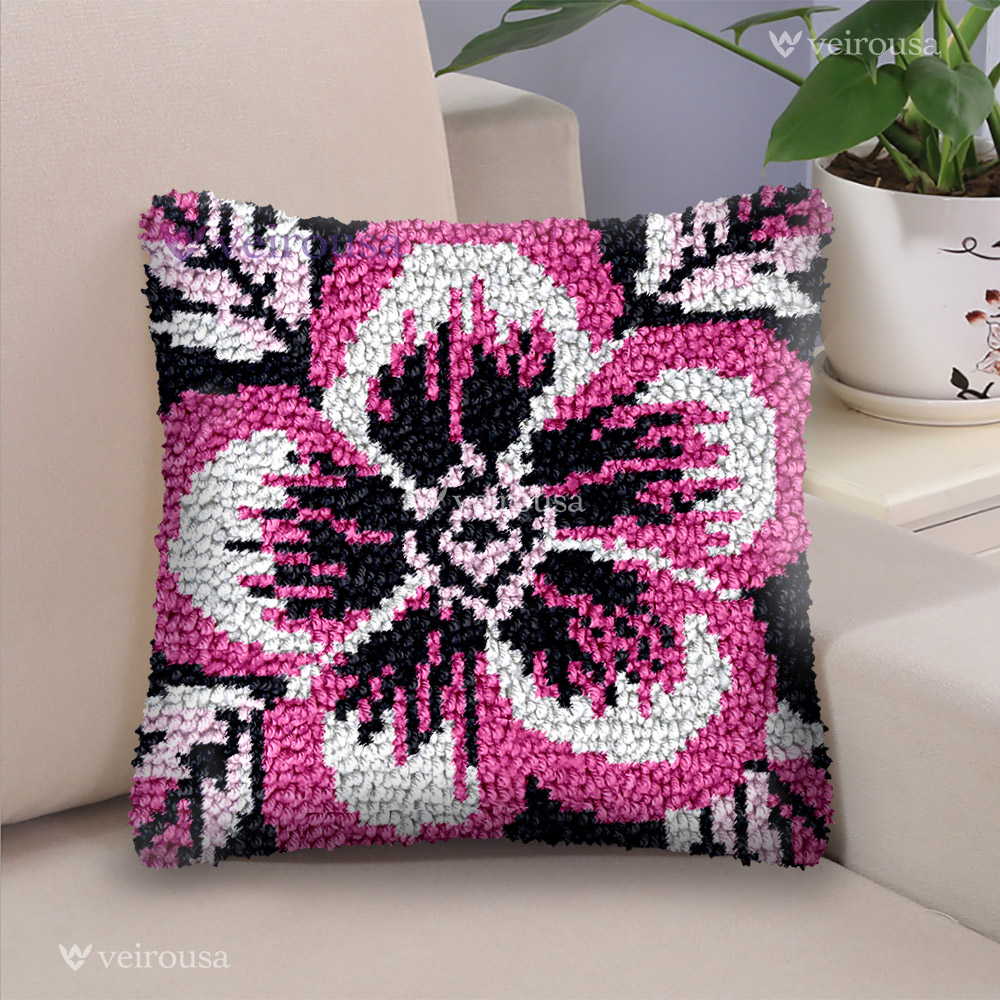 Pink, White & Black Flower Latch Hook Pillow Kit for Adult, Beginner and Kid