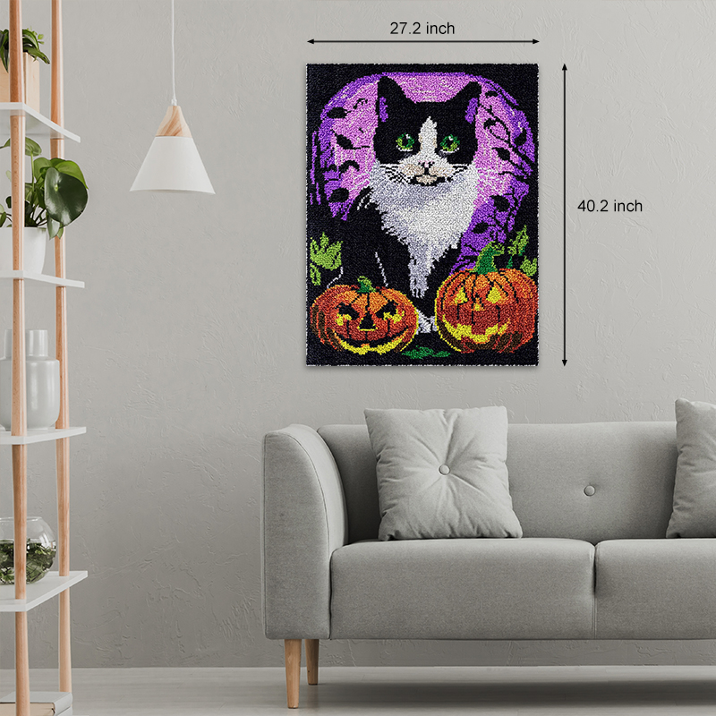 [Large Size] Halloween Cat and Pumpkins - Latch Hook Rug Kit