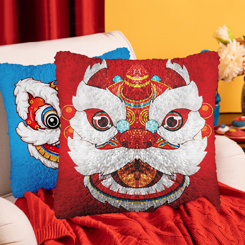 Lion Dance Latch Hook Pillow Kit for Adult, Beginner and Kid