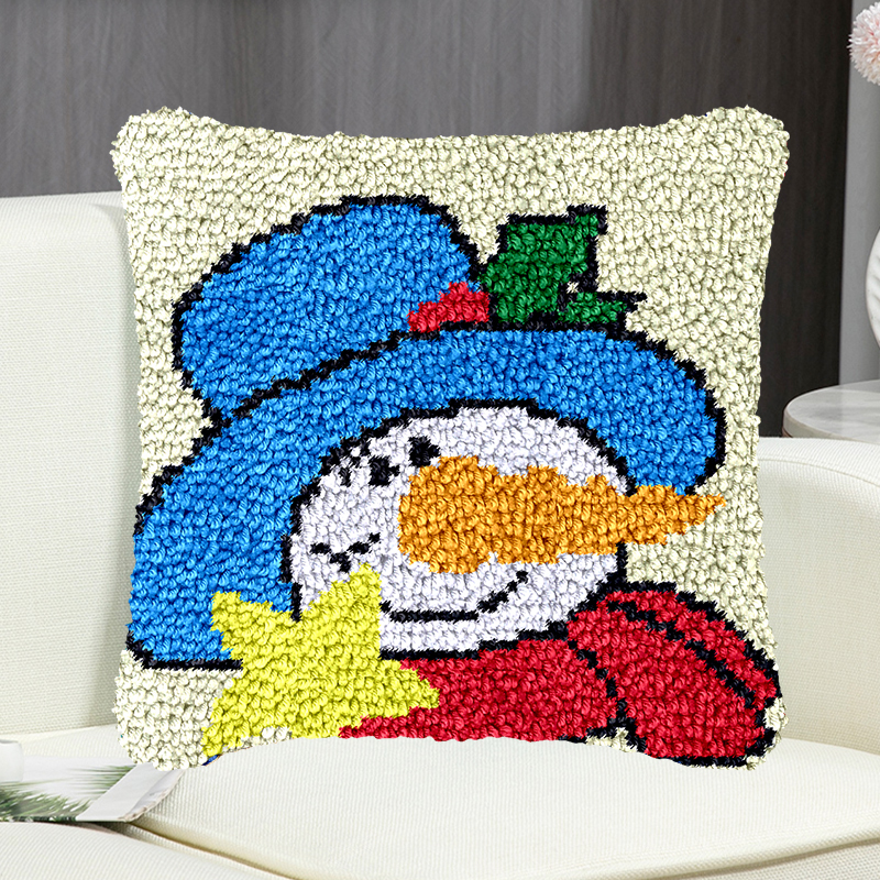 Handsome Snowman with Blue Cat Pillowcase Latch Hook Kit for Adult, Beginner and Kid