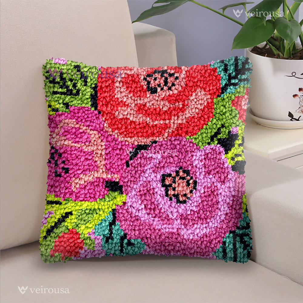 Red and Pink Roses Latch Hook Pillow Kit for Adult, Beginner and Kid