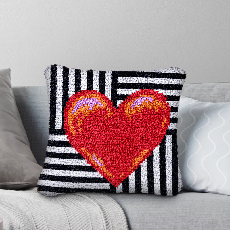Striped Checkered Heart Latch Hook Pillow Kit for Adult, Beginner and Kid