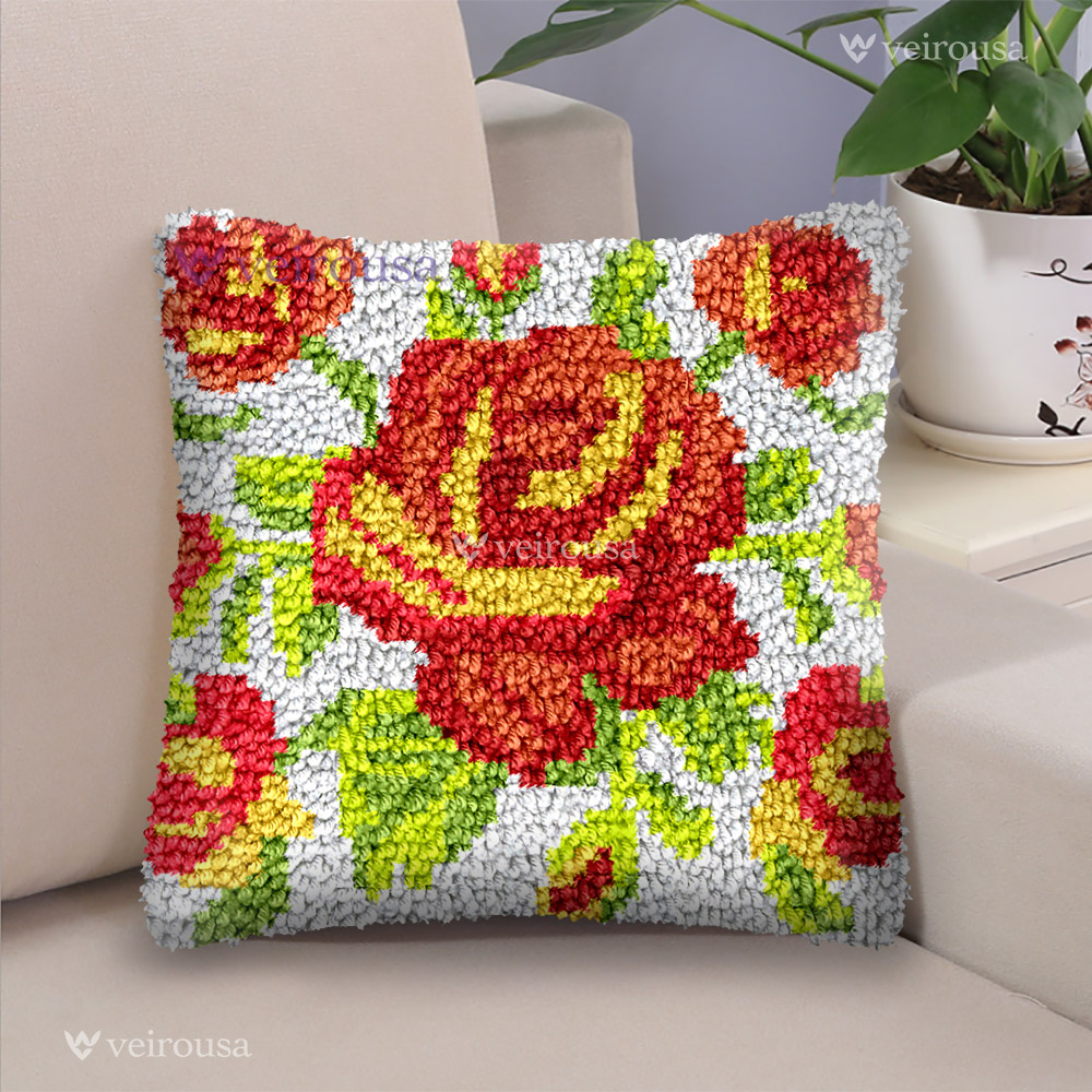 Colorful Roses (for favorite) Latch Hook Pillow Kit for Adult, Beginner and Kid