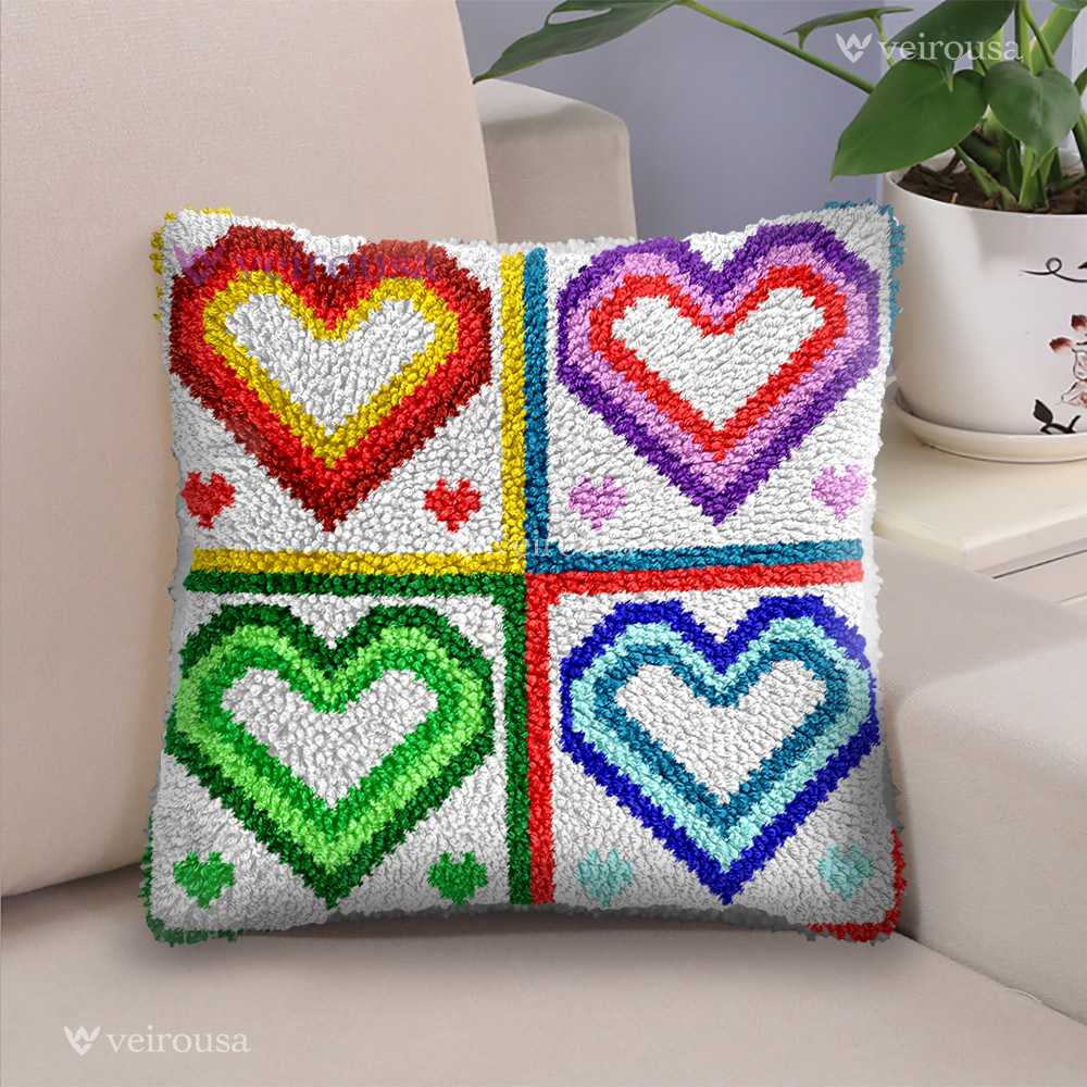 Colorful Hearts - Latch Hook Pillow Kit