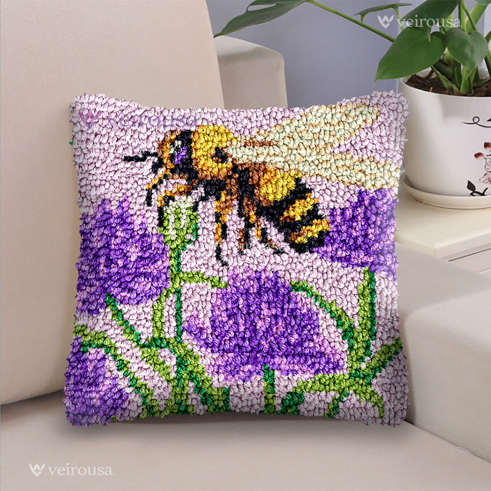 Lavenders and Bee Latch Hook Pillow Kit for Adult, Beginner and Kid