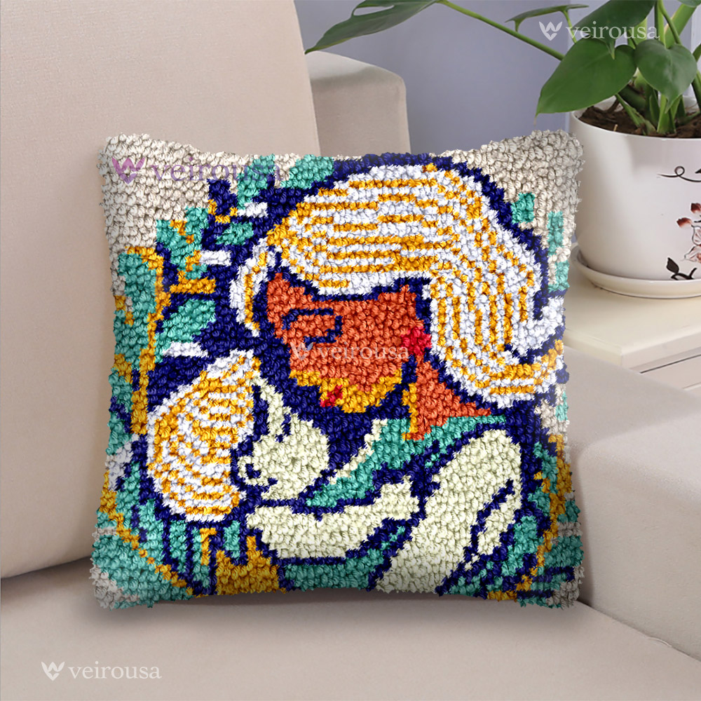 A gentle mother holding a child Latch Hook Pillow Kit for Adult, Beginner and Kid