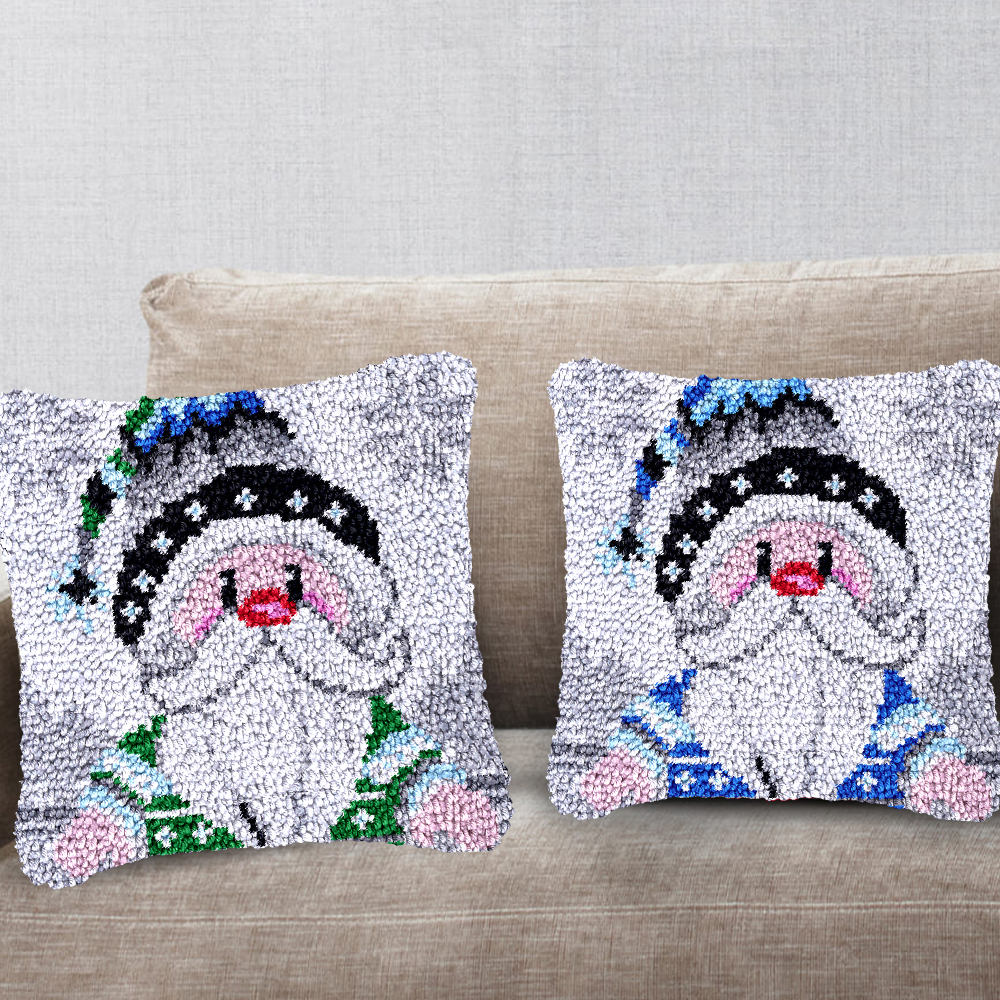 Blue Cartoon Gnome Xmas Latch Hook Pillow Kit for Adult, Beginner and Kid