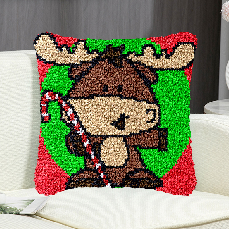 Cute Cow with Christmas Candy Pillowcase Latch Hook Kit for Adult, Beginner and Kid