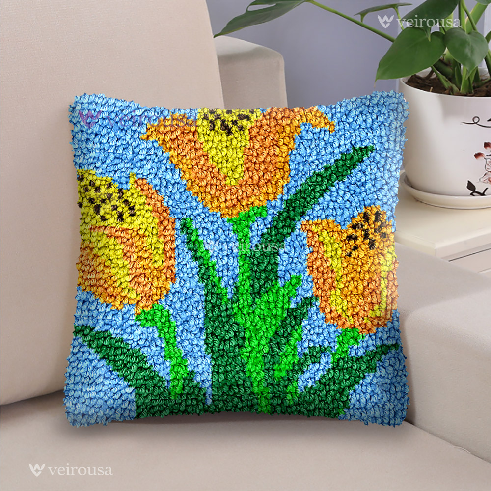 Yellow Tulips Latch Hook Pillow Kit for Adult, Beginner and Kid
