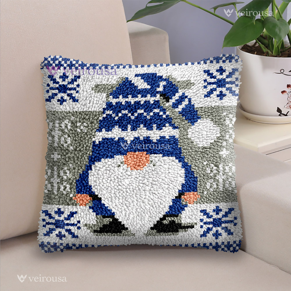 Blue Christmas Gnomes Latch Hook Pillow Kits for Adult, Beginner and Kid