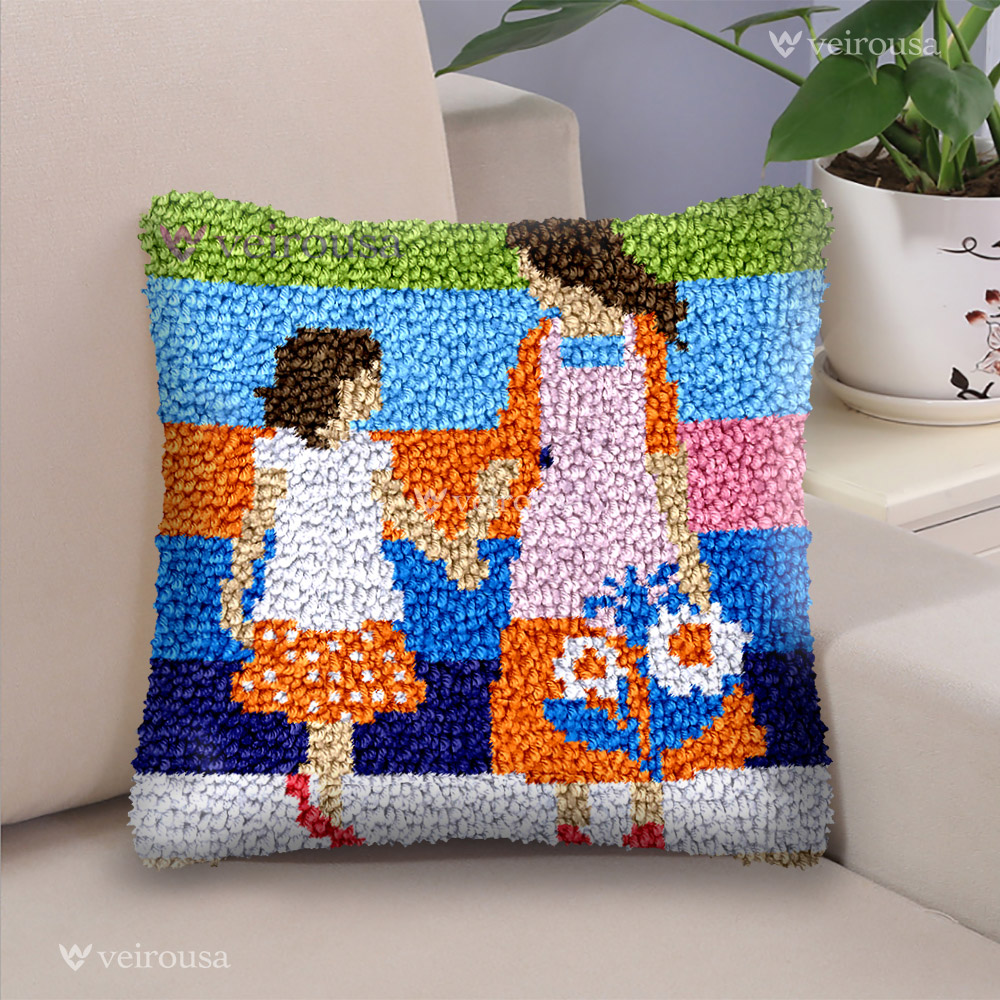 Mother and daughter holding hands Latch Hook Pillow Kit for Adult, Beginner and Kid
