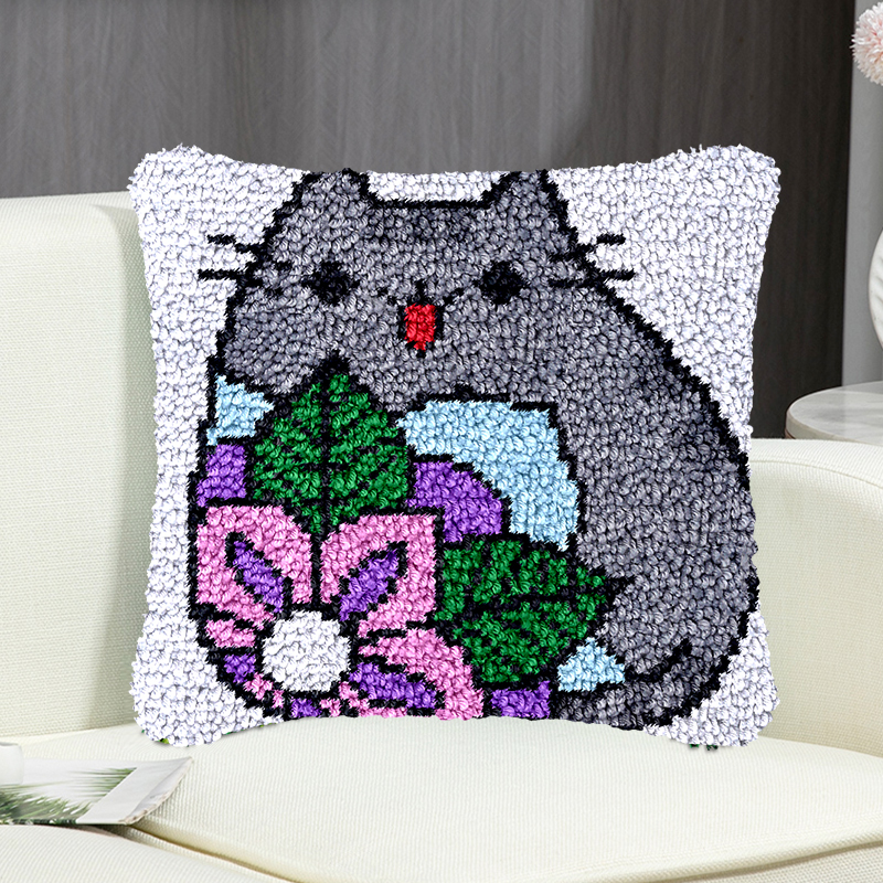 Gray Cartoon Cat Pillowcase Latch Hook Kit for Adult, Beginner and Kid