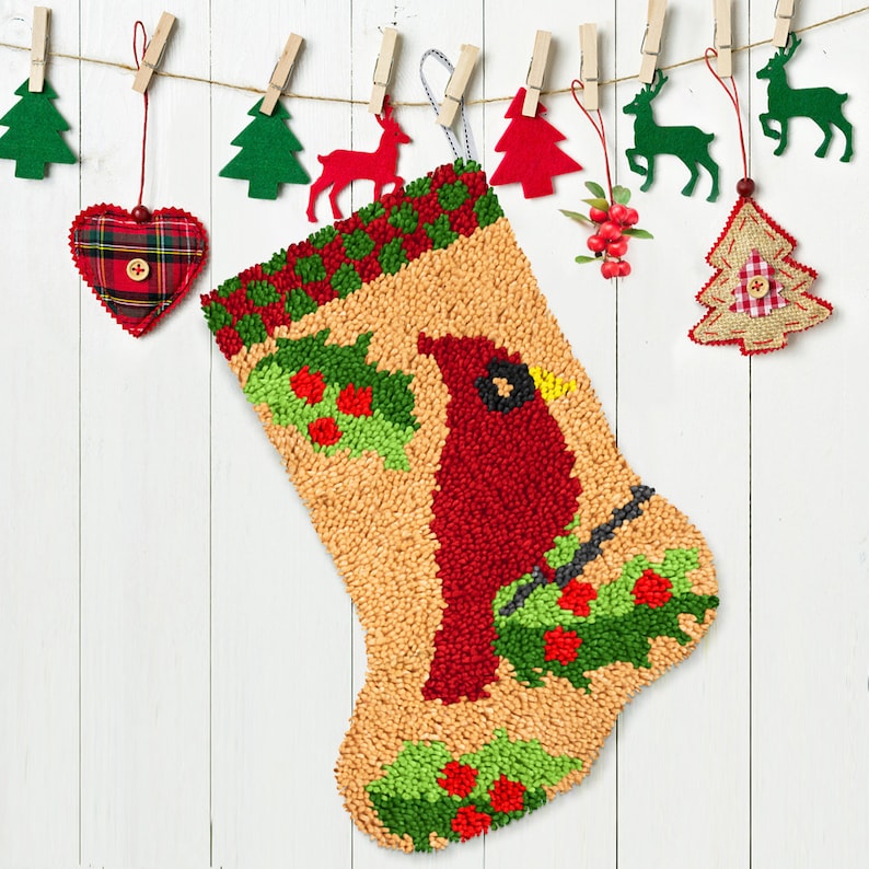 Cardinal Christmas Stocking DIY Latch Hook Kits for Beginner