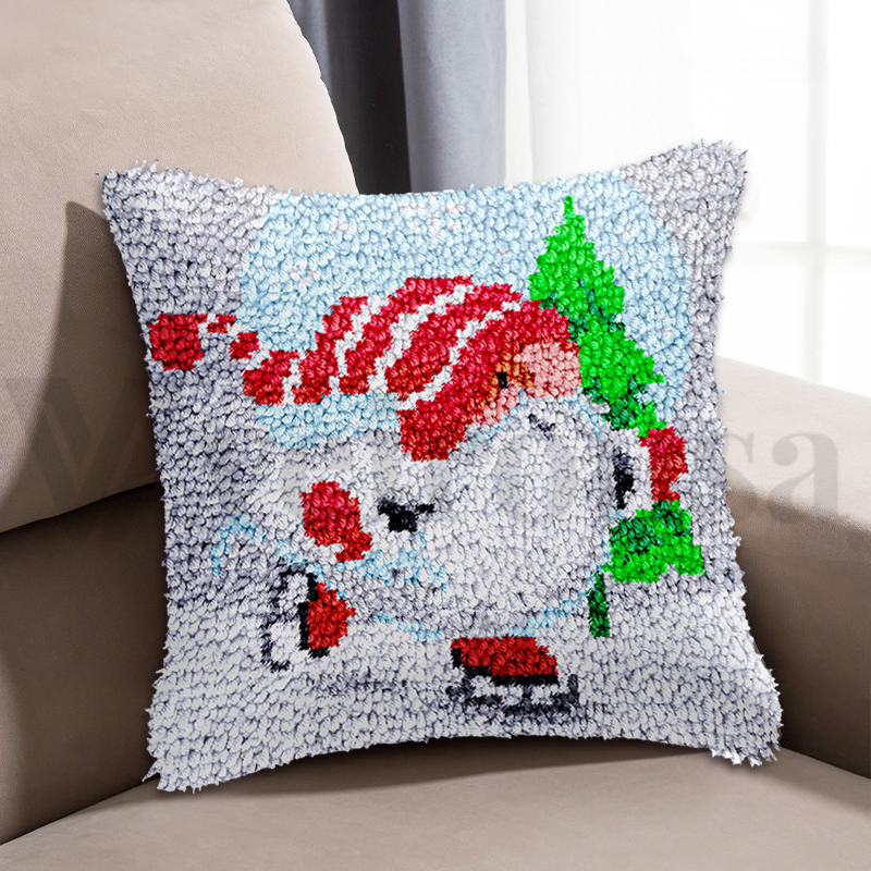 Ice-skating Xmas Gnomes Latch Hook Pillow Kits for Adult, Beginner and Kid