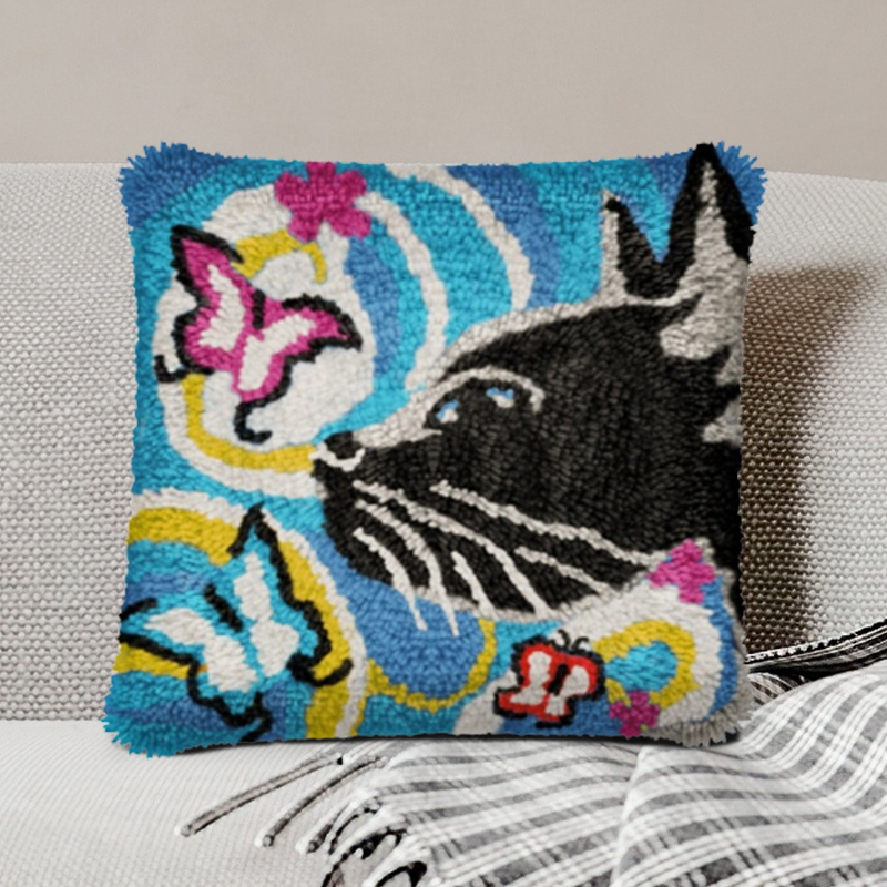 Cat And Butterfly Pillowcase Latch Hook Kits for Adult, Beginner and Kid