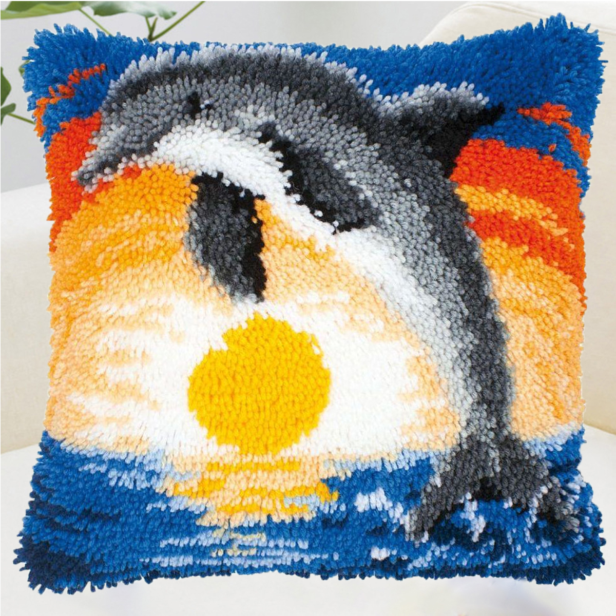 Dolphin And Sunset Pillowcase Latch Hook Kits for Adult, Beginner and Kid