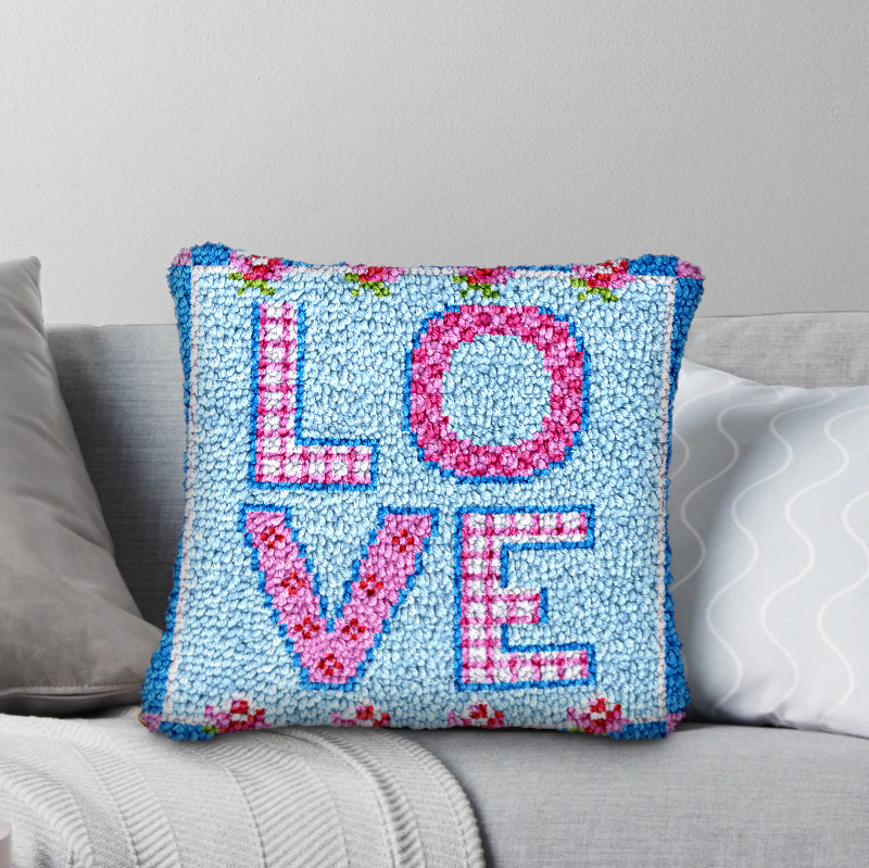 Blue Love Latch Hook Pillow Kit for Adult, Beginner and Kid
