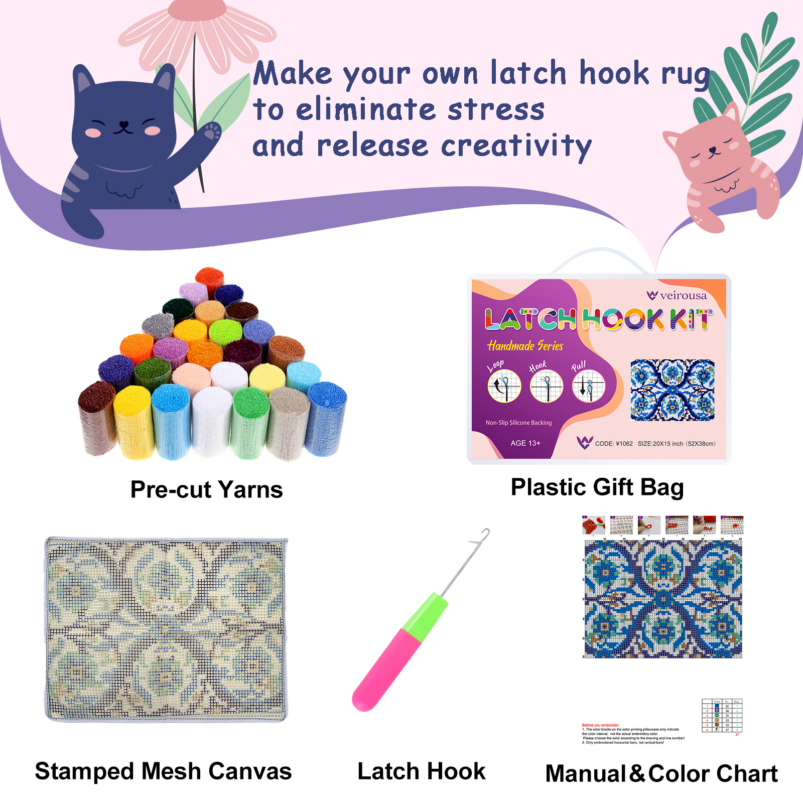 Kit DIY Broderie Pour Sous-verres - Loisir Créatif Débutant - Crochet à Loquet - 14x14 Cm - Matériel Complet