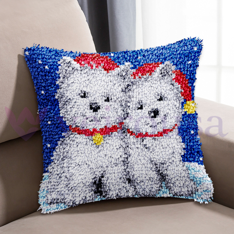 Xmas Couple Dogs Pillowcase Latch Hook Kits for Adult, Beginner and Kid