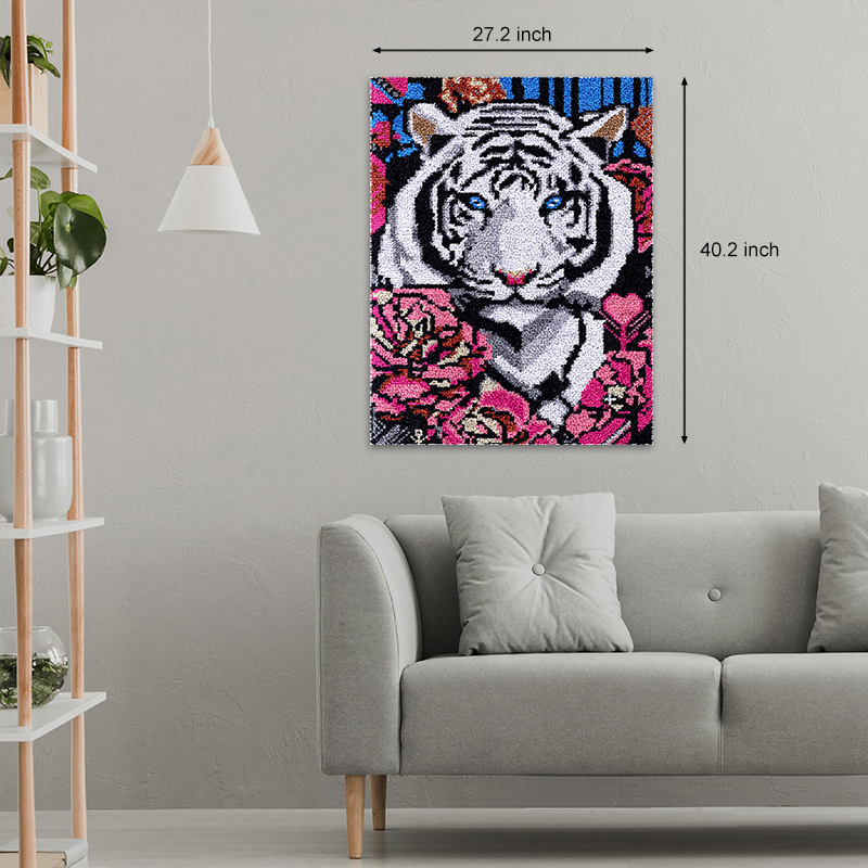 [Large Size] White Tiger with Flowers - Latch Hook Rug Kit